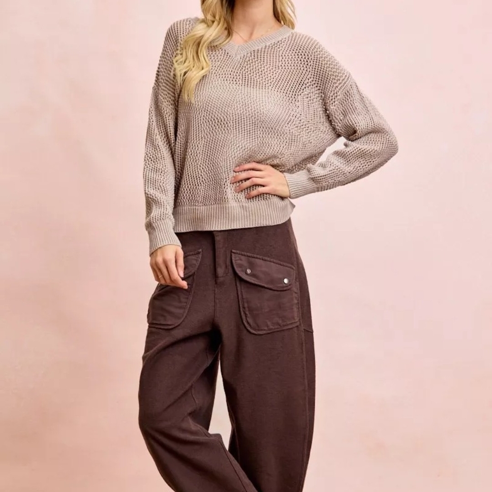 BiBi Vintage Mocha Washed Terry Pants with Pockets SIZE LARGE NWT